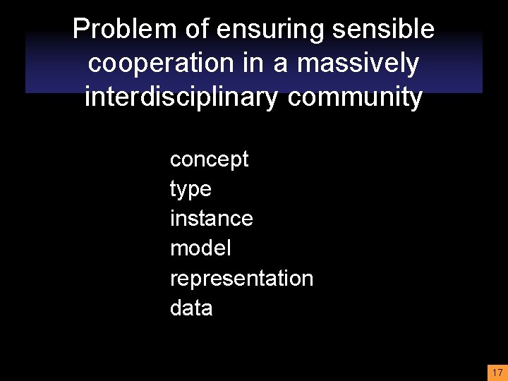 Problem of ensuring sensible cooperation in a massively interdisciplinary community concept type instance model