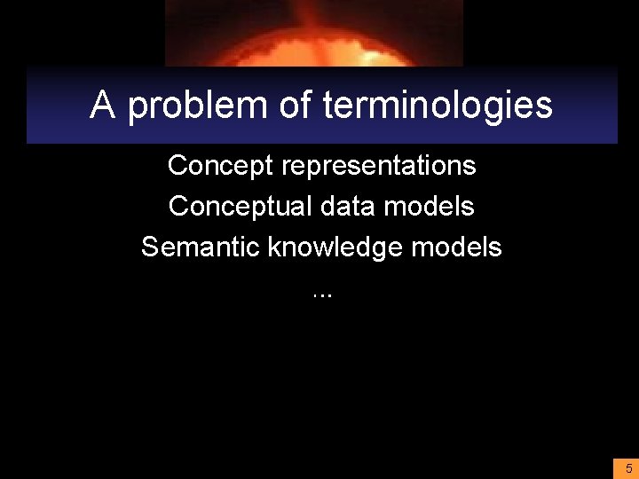 A problem of terminologies Concept representations Conceptual data models Semantic knowledge models Information consists