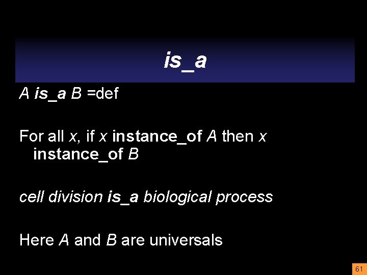 is_a A is_a B =def For all x, if x instance_of A then x