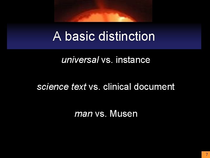 A basic distinction universal vs. instance science text vs. clinical document man vs. Musen