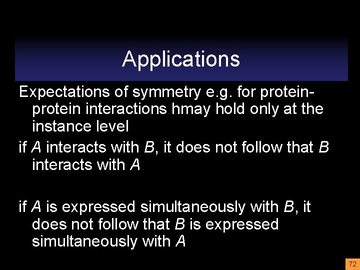 Applications Expectations of symmetry e. g. for protein interactions hmay hold only at the