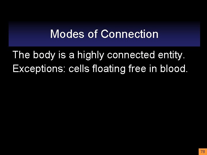 Modes of Connection The body is a highly connected entity. Exceptions: cells floating free