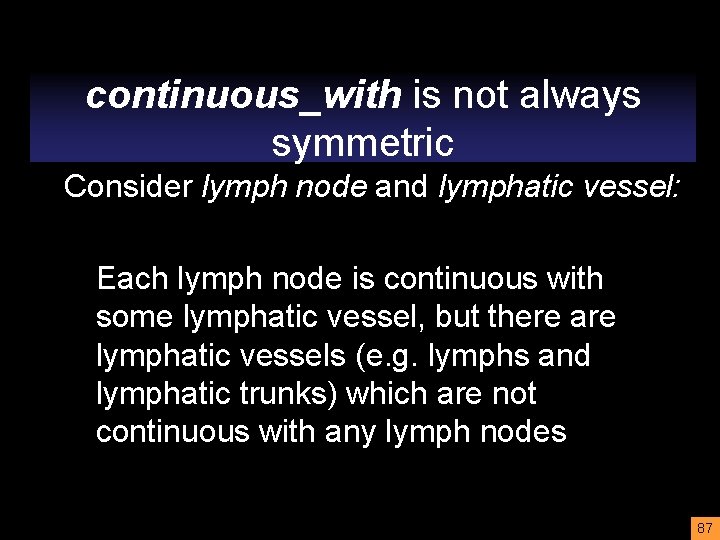 continuous_with is not always symmetric Consider lymph node and lymphatic vessel: Each lymph node