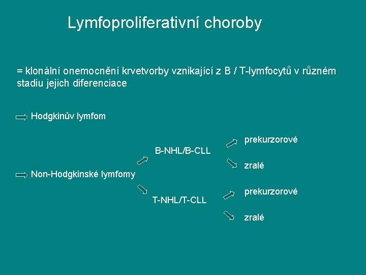 Lymfoproliferativní choroby = klonální onemocnění krvetvorby vznikající z B / T-lymfocytů v různém stadiu