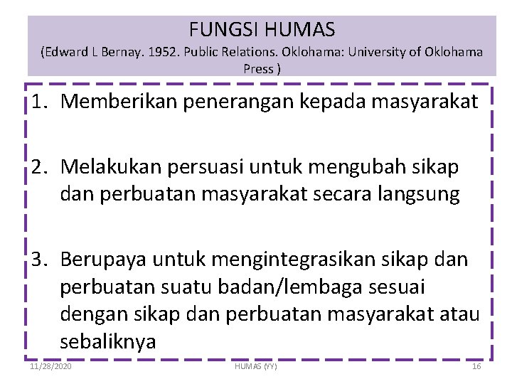 FUNGSI HUMAS (Edward L Bernay. 1952. Public Relations. Oklohama: University of Oklohama Press )