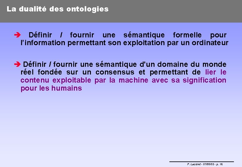 La dualité des ontologies è Définir / fournir une sémantique formelle pour l’information permettant