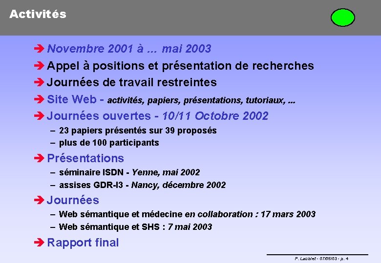 Activités è Novembre 2001 à … mai 2003 è Appel à positions et présentation