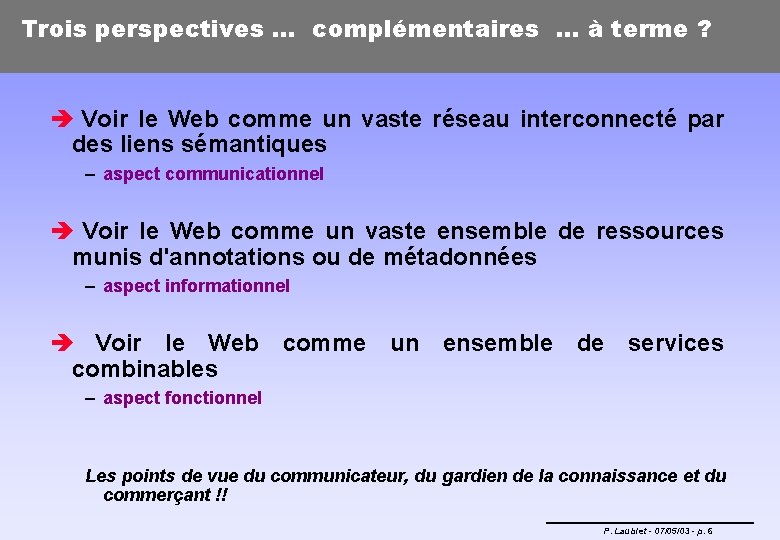 Trois perspectives. . . complémentaires … à terme ? è Voir le Web comme