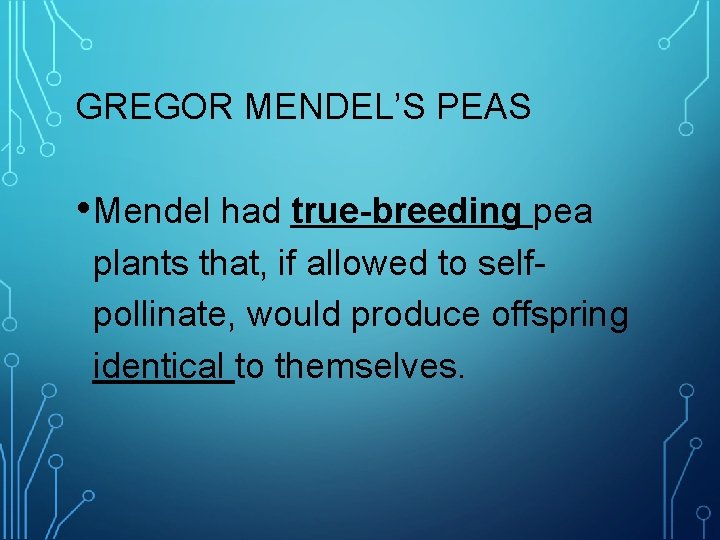 GREGOR MENDEL’S PEAS • Mendel had true-breeding pea plants that, if allowed to selfpollinate,