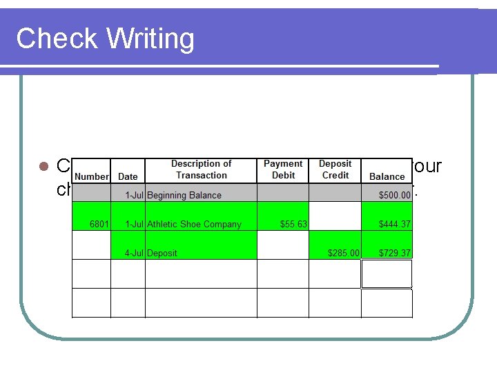 Check Writing l Check Register: Don’t forget to balance your checkbook by filling out