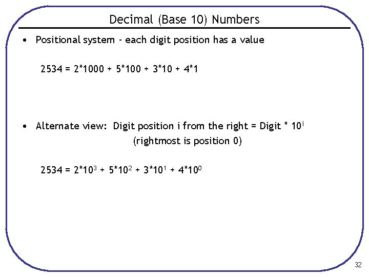 Decimal (Base 10) Numbers • Positional system - each digit position has a value