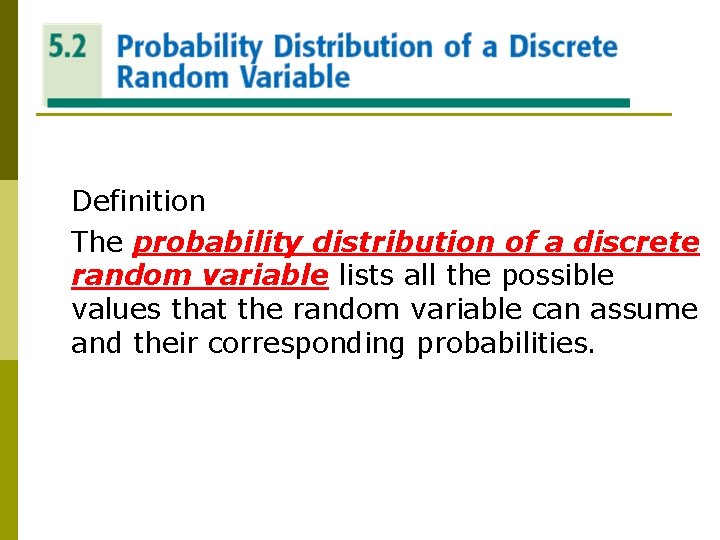 PROBABLITY DISTRIBUTION OF A DISCRETE RANDOM VARIABLE Definition The probability distribution of a discrete