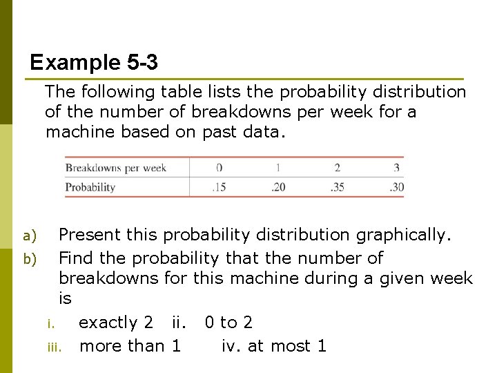 Example 5 -3 The following table lists the probability distribution of the number of