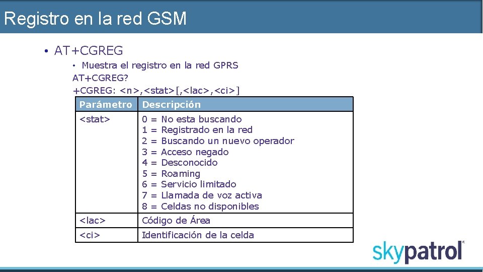 Registro en la red GSM • AT+CGREG • Muestra el registro en la red