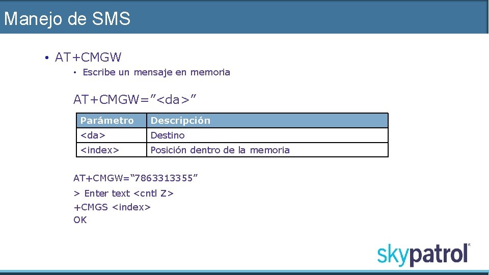 Manejo de SMS • AT+CMGW • Escribe un mensaje en memoria AT+CMGW=”<da>” Parámetro Descripción