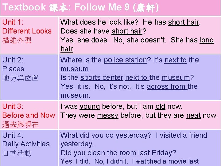 Textbook 課本: Follow Me 9 (康軒) Unit 1: Different Looks 描述外型 What does he