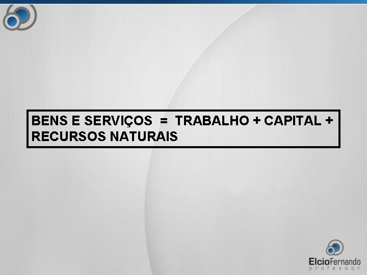 BENS E SERVIÇOS = TRABALHO + CAPITAL + RECURSOS NATURAIS 