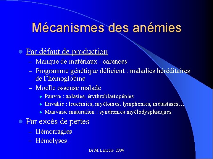 Mécanismes des anémies l Par défaut de production – Manque de matériaux : carences