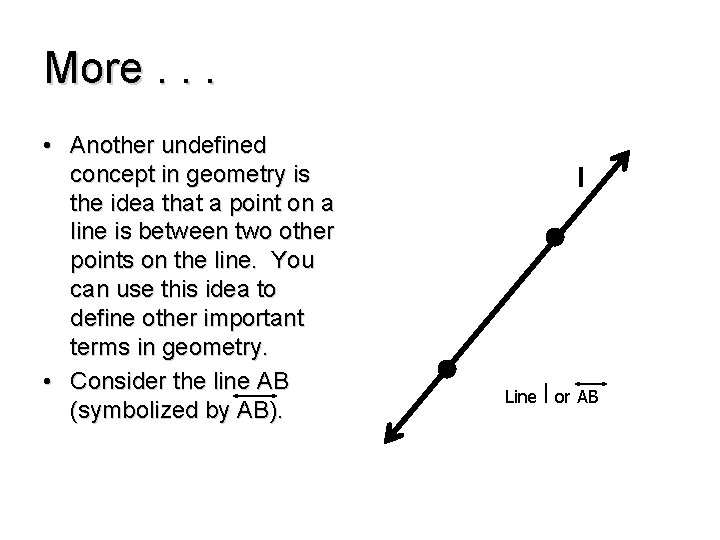 More. . . • Another undefined concept in geometry is the idea that a