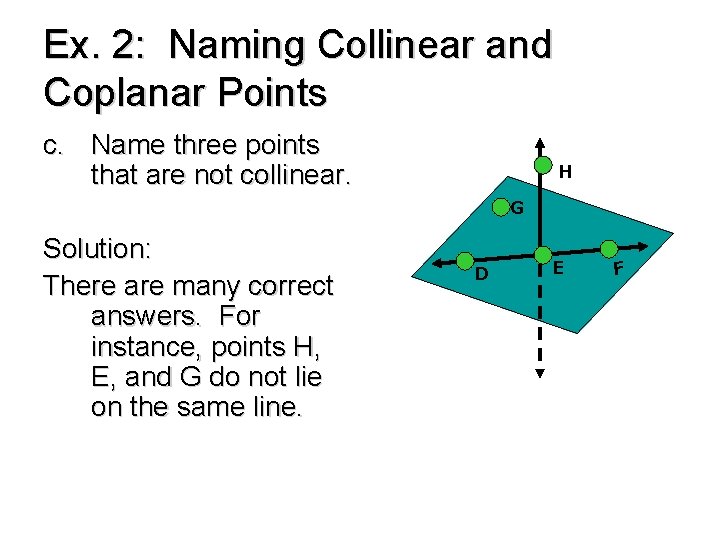 Ex. 2: Naming Collinear and Coplanar Points c. Name three points that are not Ex. 2: Naming Collinear and Coplanar Points c. Name three points that are not