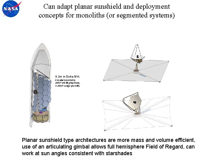 Can adapt planar sunshield and deployment concepts for monoliths (or segmented systems) 9. 2