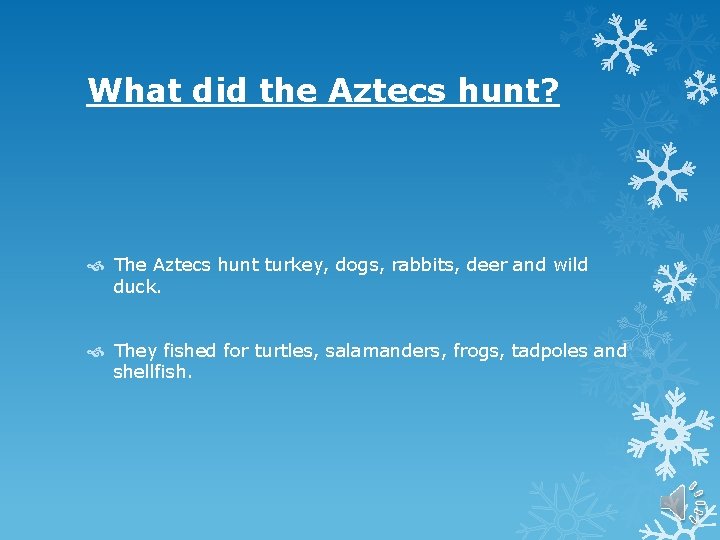 What did the Aztecs hunt? The Aztecs hunt turkey, dogs, rabbits, deer and wild