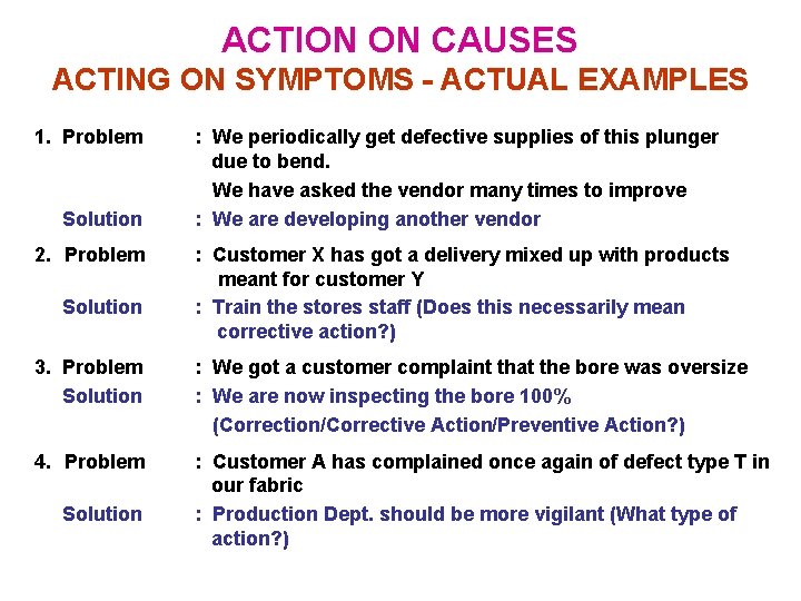 ACTION ON CAUSES ACTING ON SYMPTOMS - ACTUAL EXAMPLES 1. Problem Solution 2. Problem