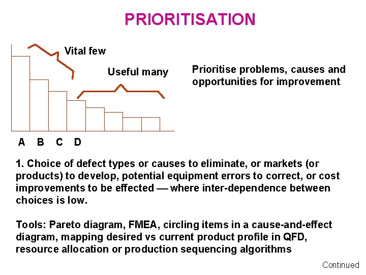 PRIORITISATION Vital few Useful many A B C Prioritise problems, causes and opportunities for
