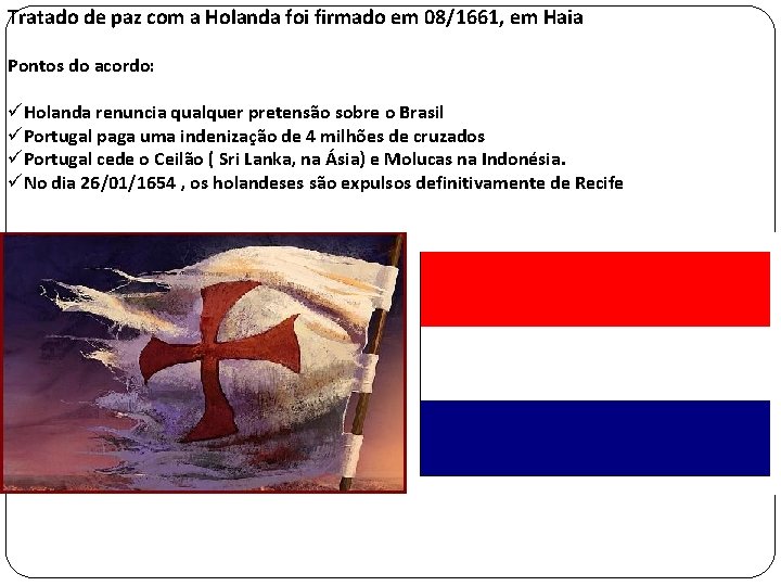 Tratado de paz com a Holanda foi firmado em 08/1661, em Haia Pontos do
