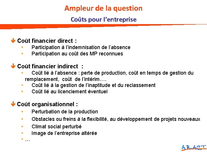 Ampleur de la question Coûts pour l’entreprise Coût financier direct : § Participation à