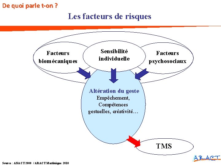 De quoi parle t-on ? Les facteurs de risques Facteurs biomécaniques Sensibilité individuelle Facteurs