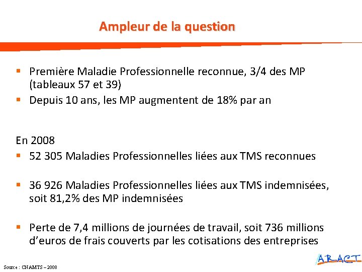 Ampleur de la question § Première Maladie Professionnelle reconnue, 3/4 des MP (tableaux 57