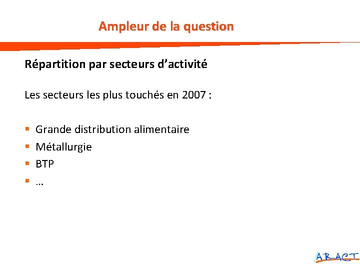 Ampleur de la question Répartition par secteurs d’activité Les secteurs les plus touchés en