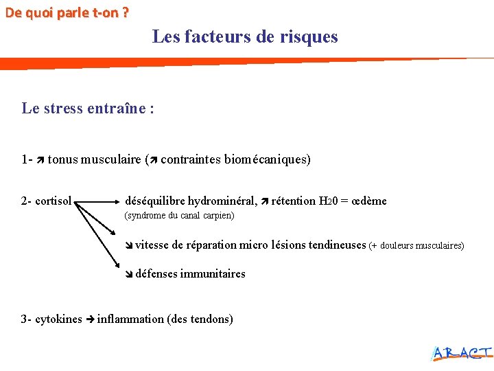 De quoi parle t-on ? Les facteurs de risques Le stress entraîne : 1