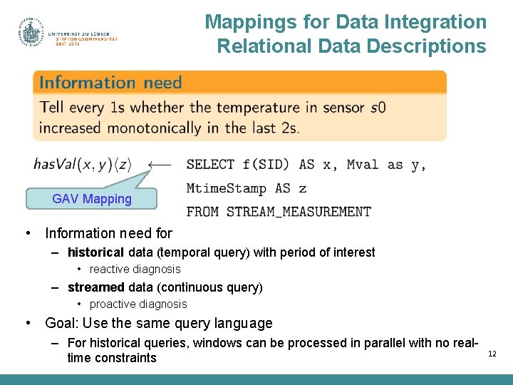 Mappings for Data Integration Relational Data Descriptions GAV Mapping • Information need for –