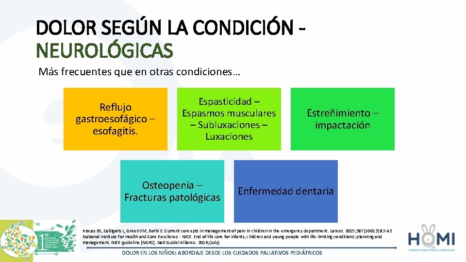 DOLOR SEGÚN LA CONDICIÓN NEUROLÓGICAS Más frecuentes que en otras condiciones… Reflujo gastroesofágico –