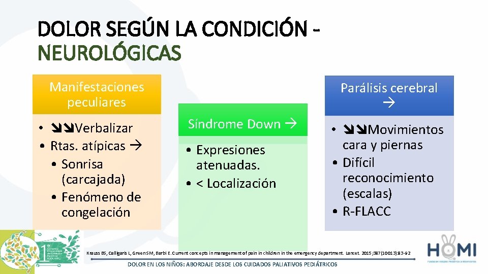 DOLOR SEGÚN LA CONDICIÓN NEUROLÓGICAS Manifestaciones peculiares • Verbalizar • Rtas. atípicas • Sonrisa