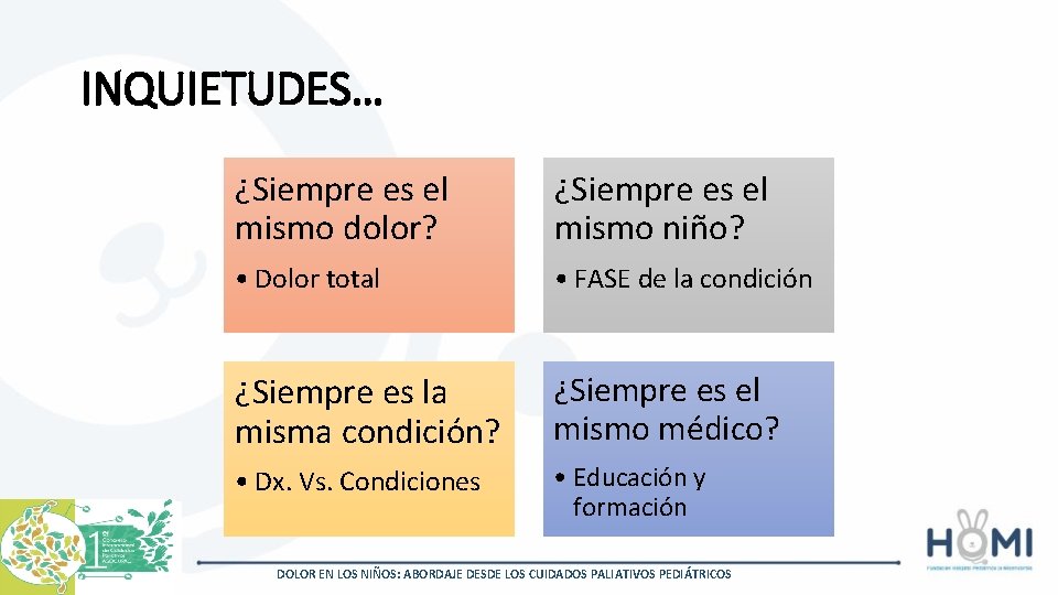INQUIETUDES… ¿Siempre es el mismo dolor? ¿Siempre es el mismo niño? • Dolor total
