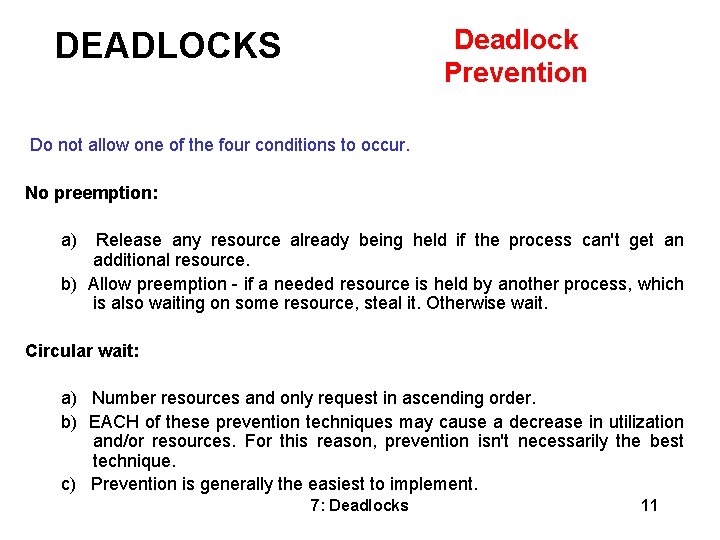 Deadlock Prevention DEADLOCKS Do not allow one of the four conditions to occur. No