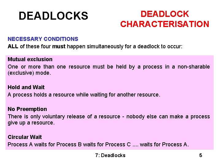 DEADLOCKS DEADLOCK CHARACTERISATION NECESSARY CONDITIONS ALL of these four must happen simultaneously for a