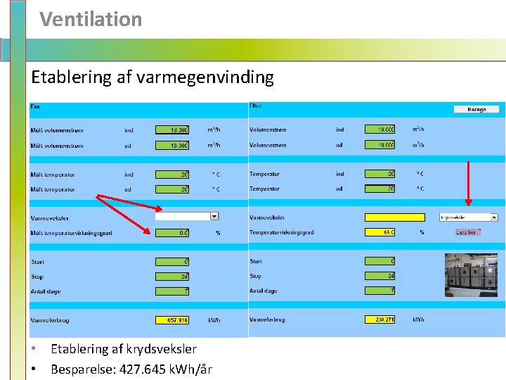 Ventilation Etablering af varmegenvinding • Etablering af krydsveksler • Besparelse: 427. 645 k. Wh/år
