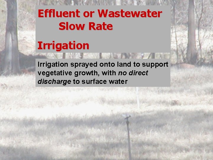Effluent or Wastewater Slow Rate Irrigation sprayed onto land to support vegetative growth, with