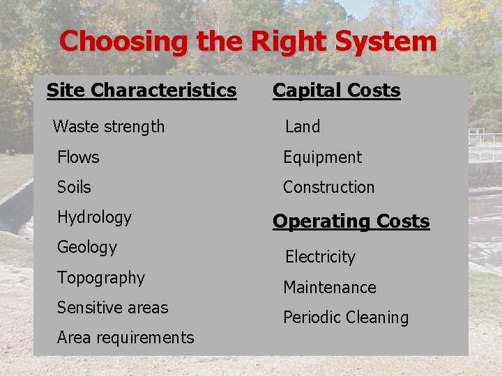 Choosing the Right System Site Characteristics Capital Costs Waste strength Land Flows Equipment Soils