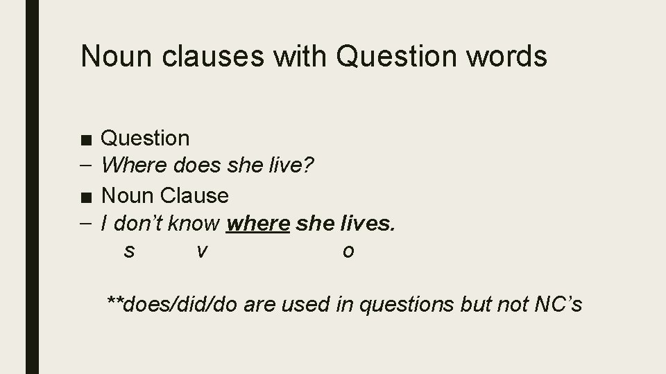 Noun clauses with Question words ■ – Question Where does she live? Noun Clause