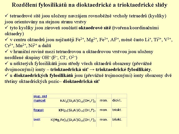 Rozdělení fylosilikátů na dioktaedrické a trioktaedrické slídy ü tetraedrové sítě jsou uloženy navzájem rovnoběžně