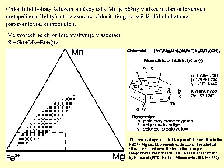 Chloritotid bohatý železem a někdy také Mn je běžný v nízce metamorfovaných metapelitech (fylity)