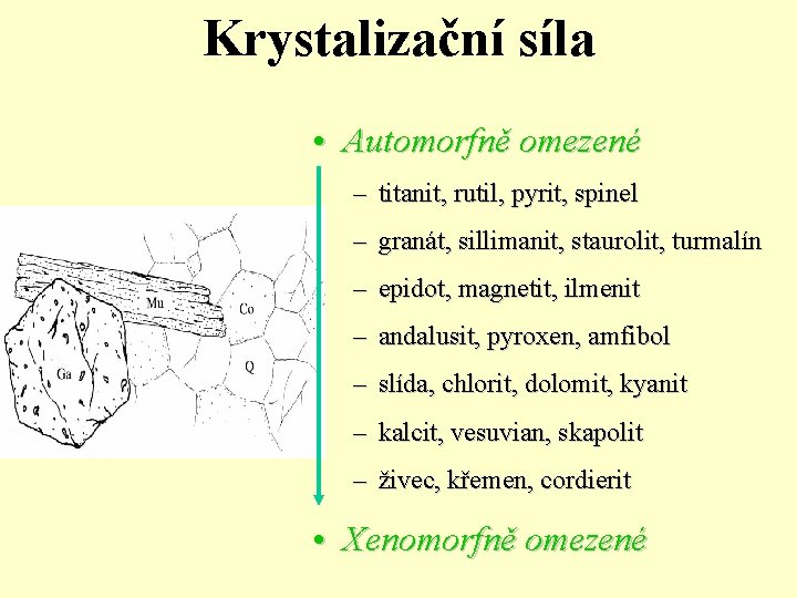 Krystalizační síla • Automorfně omezené – titanit, rutil, pyrit, spinel – granát, sillimanit, staurolit,