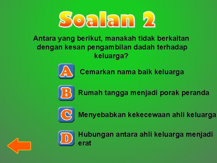 Antara yang berikut, manakah tidak berkaitan dengan kesan pengambilan dadah terhadap keluarga? Cemarkan nama