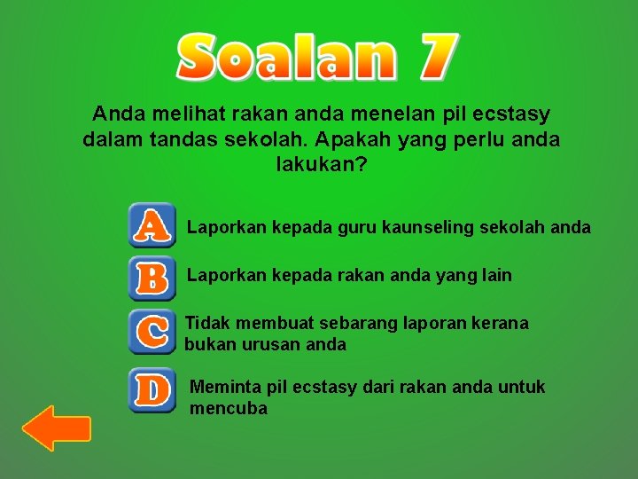 Anda melihat rakan anda menelan pil ecstasy dalam tandas sekolah. Apakah yang perlu anda