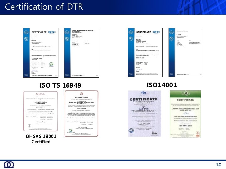 Certification of DTR ISO TS 16949 ISO 14001 OHSAS 18001 Certified 12 